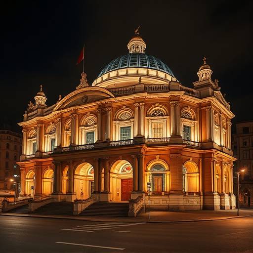 Photographie architecturale de l'Op√©ra de Lyon, captur√©e de nuit avec un √©clairage spectaculaire.