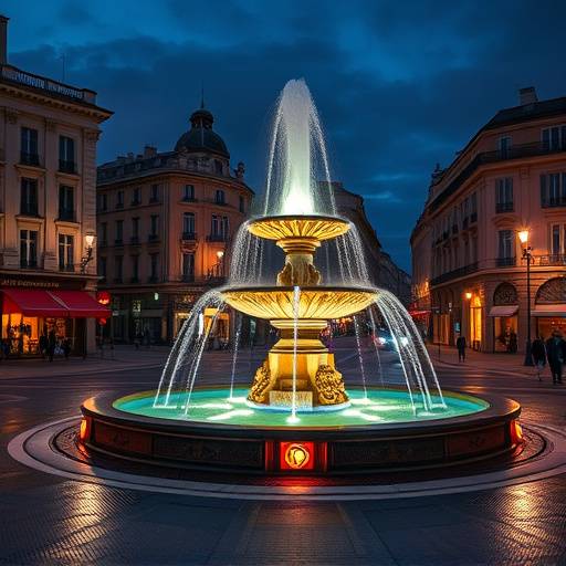 Photographie urbaine de la place Bellecour √† Lyon, avec une fontaine illumin√©e et l'agitation de la vie nocturne.