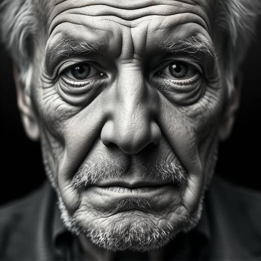 Portrait en noir et blanc d'un homme √¢g√©, captur√© avec un √©clairage dramatique mettant en valeur les rides et l'expression du visage.