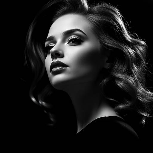 Portrait en noir et blanc d'une femme √©l√©gante, captur√© avec un √©clairage dramatique.
