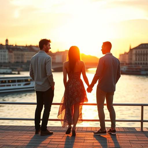 Un couple de jeunes mari√©s se tenant la main devant un magnifique coucher de soleil sur les quais de Sa√¥ne √† Lyon.
